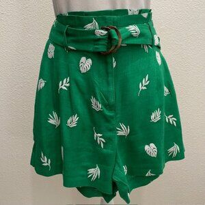 Ann Taylor Linen Blend Paper Bag Waist Palm Print Shorts with Self Belt